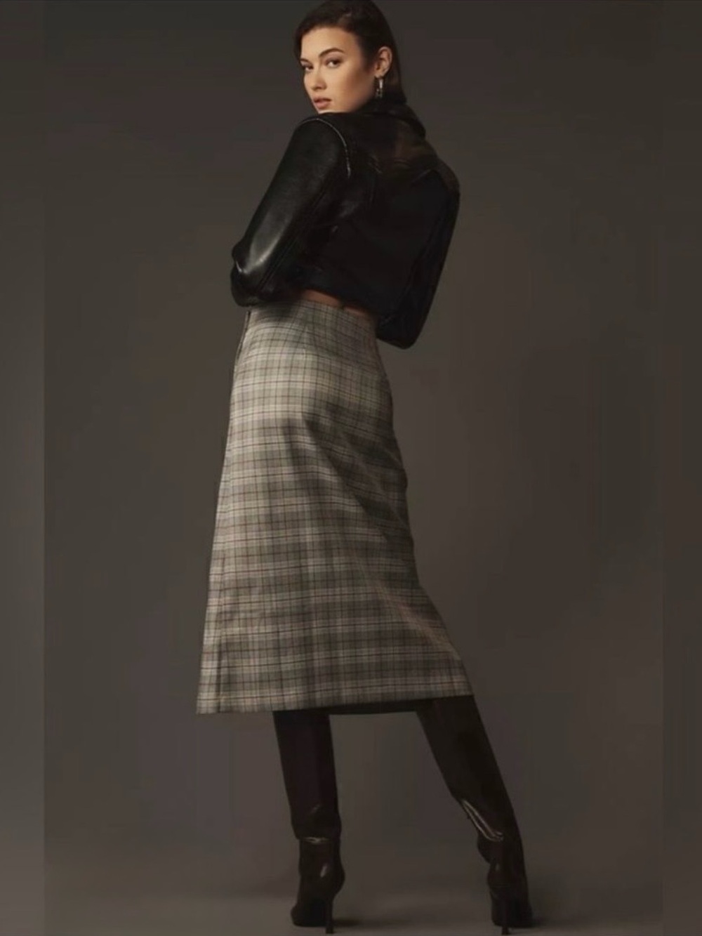 porridge x Anthropologie L Neutral Motif Button Side Plaid Midi Skirt - Picture 2 of 16